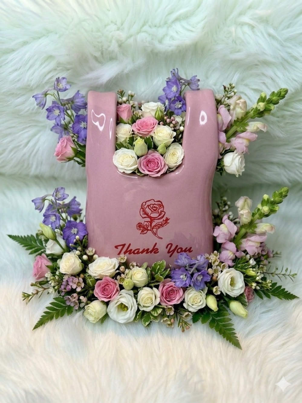 Pink Bodega Ceramic 'Thank You' Tote Figurine Flower Vase